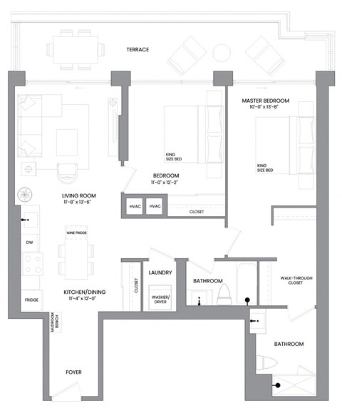 Floor plan for 2 beds, 2 baths, 1079 sqft